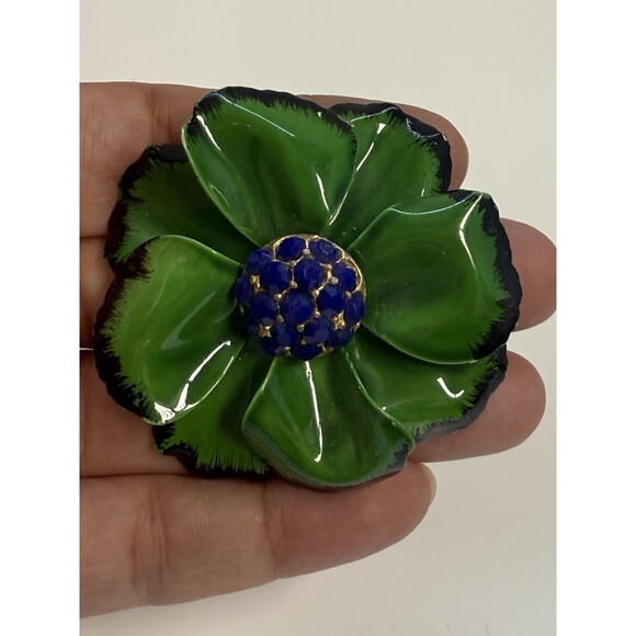 Vintage Green Enamel Royal Blue Stone Center Flower Brooch - Picture 1 of 5
